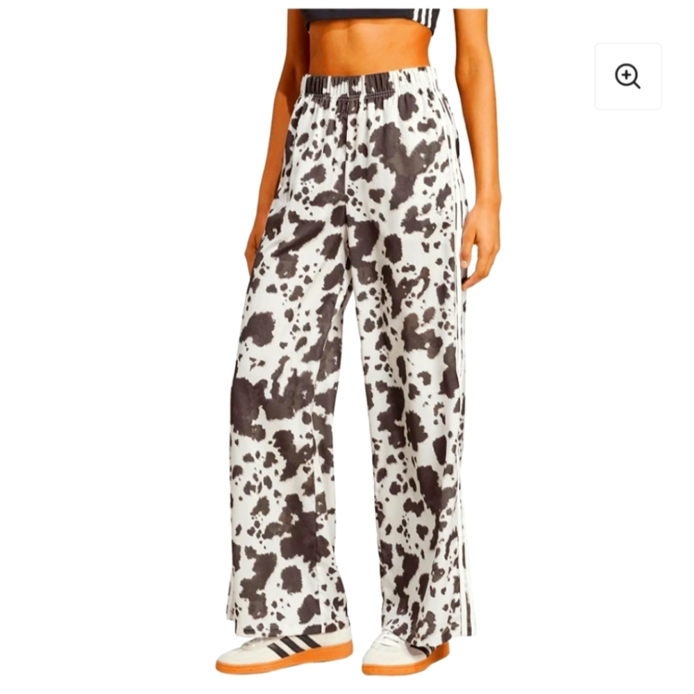 adidas Women's Wide-Leg Track Pants in White with Brown Cow Print